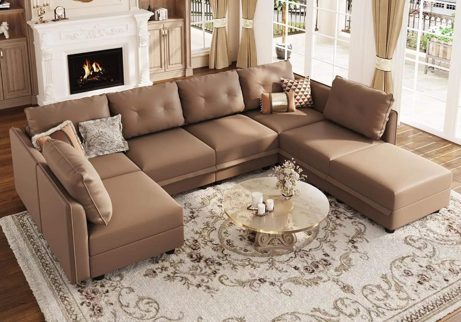LLappuil Modular Sectional Sofa, Convertible U Shaped Sectional Couch with Storage, Modular Sectionals for Living Room, Faux Leather Fabric Waterproof Sofa, 7 Seat, Cognac Brown