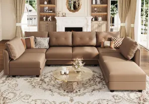LLappuil Modular Sectional Sofa, Convertible U Shaped Sectional Couch with Storage, Modular Sectionals for Living Room, Faux Leather Fabric Waterproof Sofa, 7 Seat, Cognac Brown