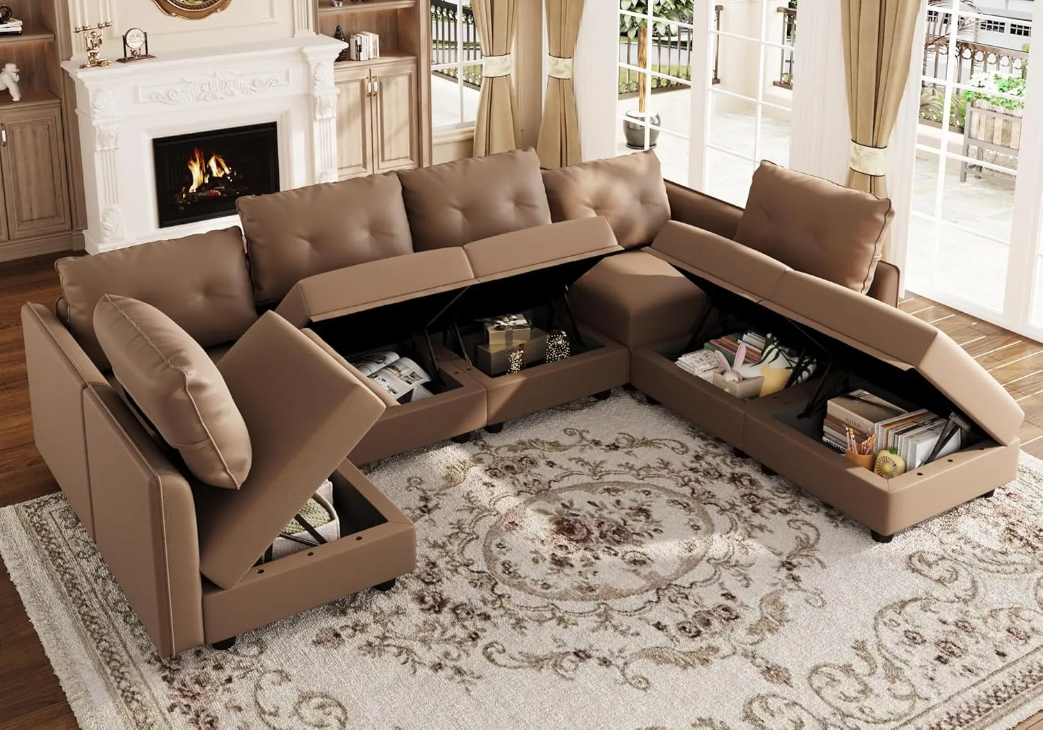 LLappuil Modular Sectional Sofa, Convertible U Shaped Sectional Couch with Storage, Modular Sectionals for Living Room, Faux Leather Fabric Waterproof Sofa, 7 Seat, Cognac Brown