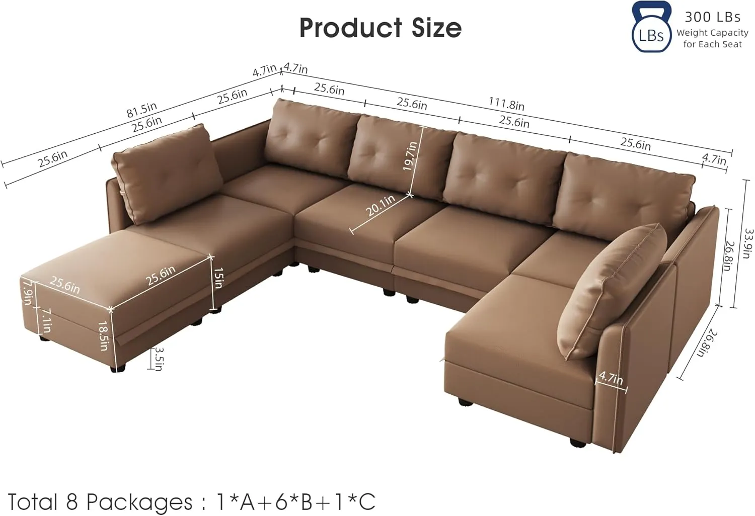 LLappuil Modular Sectional Sofa, Convertible U Shaped Sectional Couch with Storage, Modular Sectionals for Living Room, Faux Leather Fabric Waterproof Sofa, 7 Seat, Cognac Brown