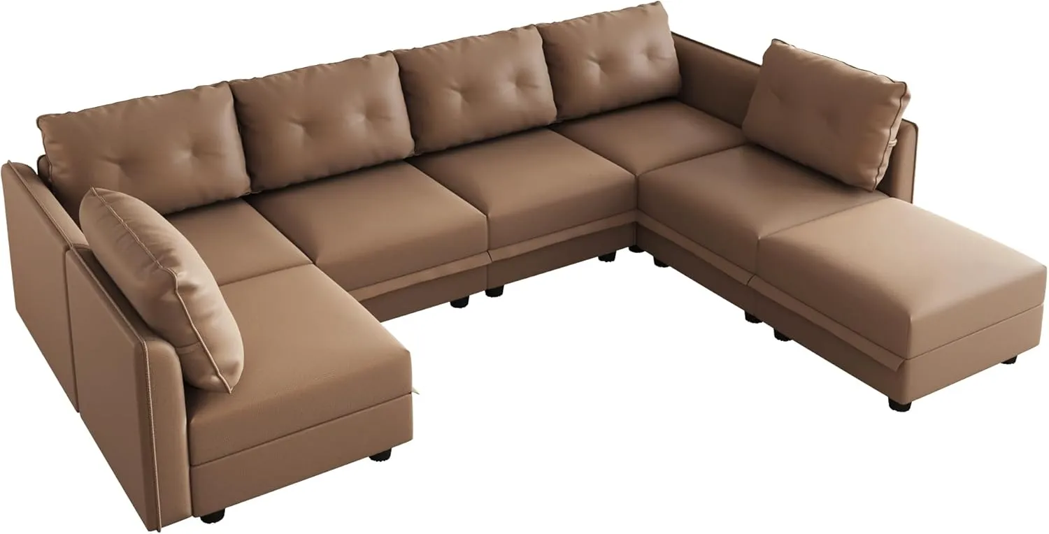LLappuil Modular Sectional Sofa, Convertible U Shaped Sectional Couch with Storage, Modular Sectionals for Living Room, Faux Leather Fabric Waterproof Sofa, 7 Seat, Cognac Brown