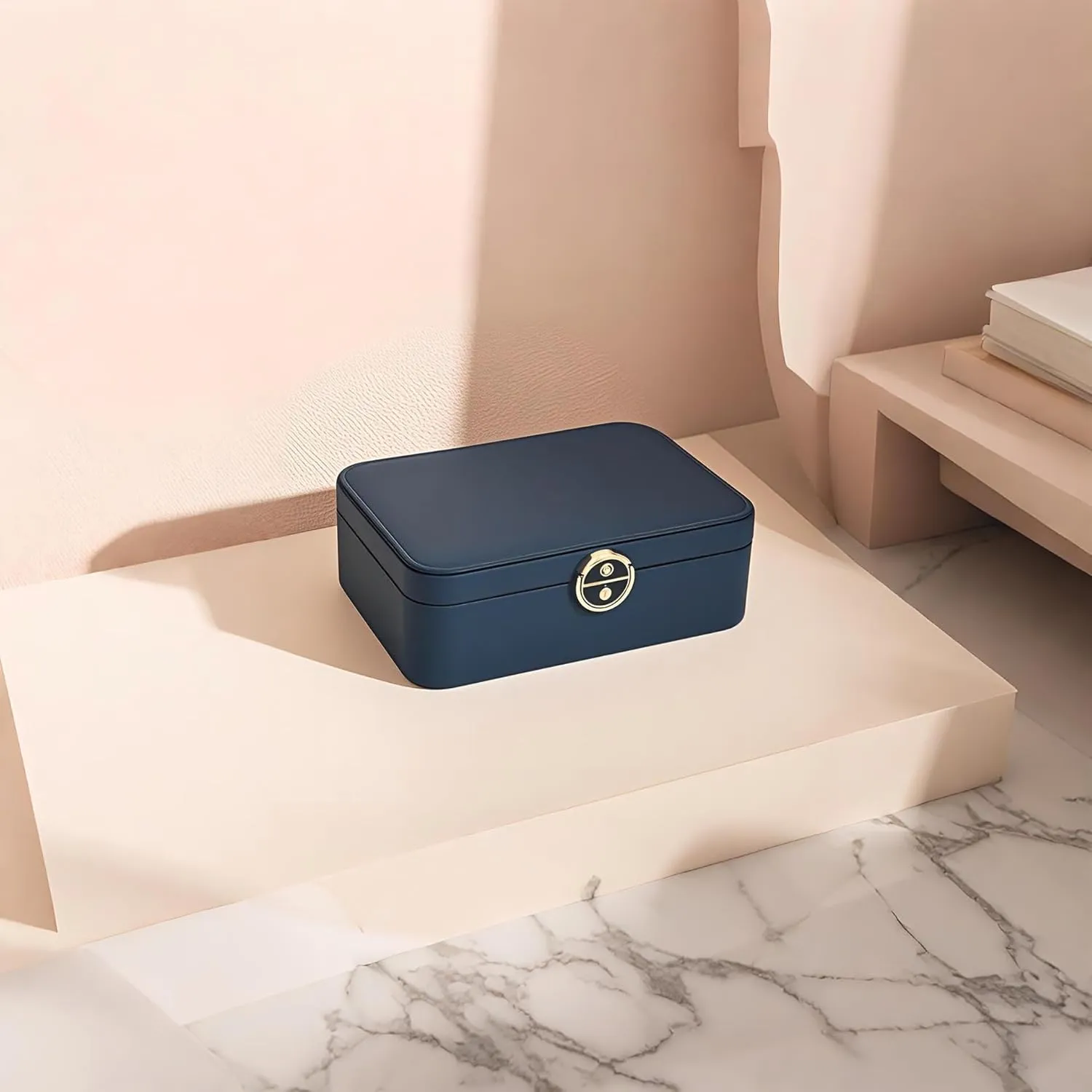 Lockable jewelry box, double-layer jewelry storage box,jewelry storage，Store large and small jewelry hair accessories, modern style. (Blue and White)