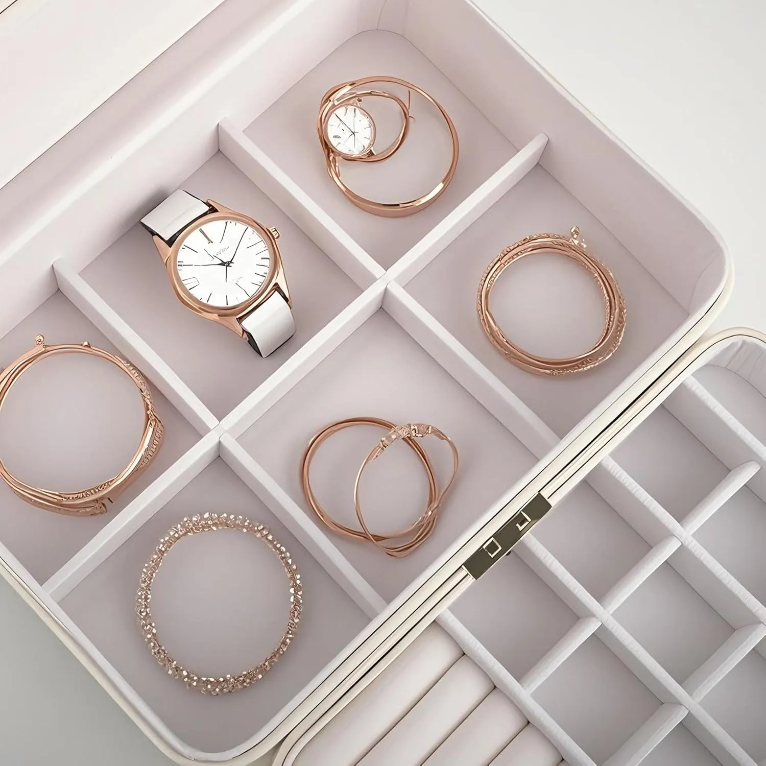 Lockable jewelry box, double-layer jewelry storage box,jewelry storage，Store large and small jewelry hair accessories, modern style. (Blue and White)