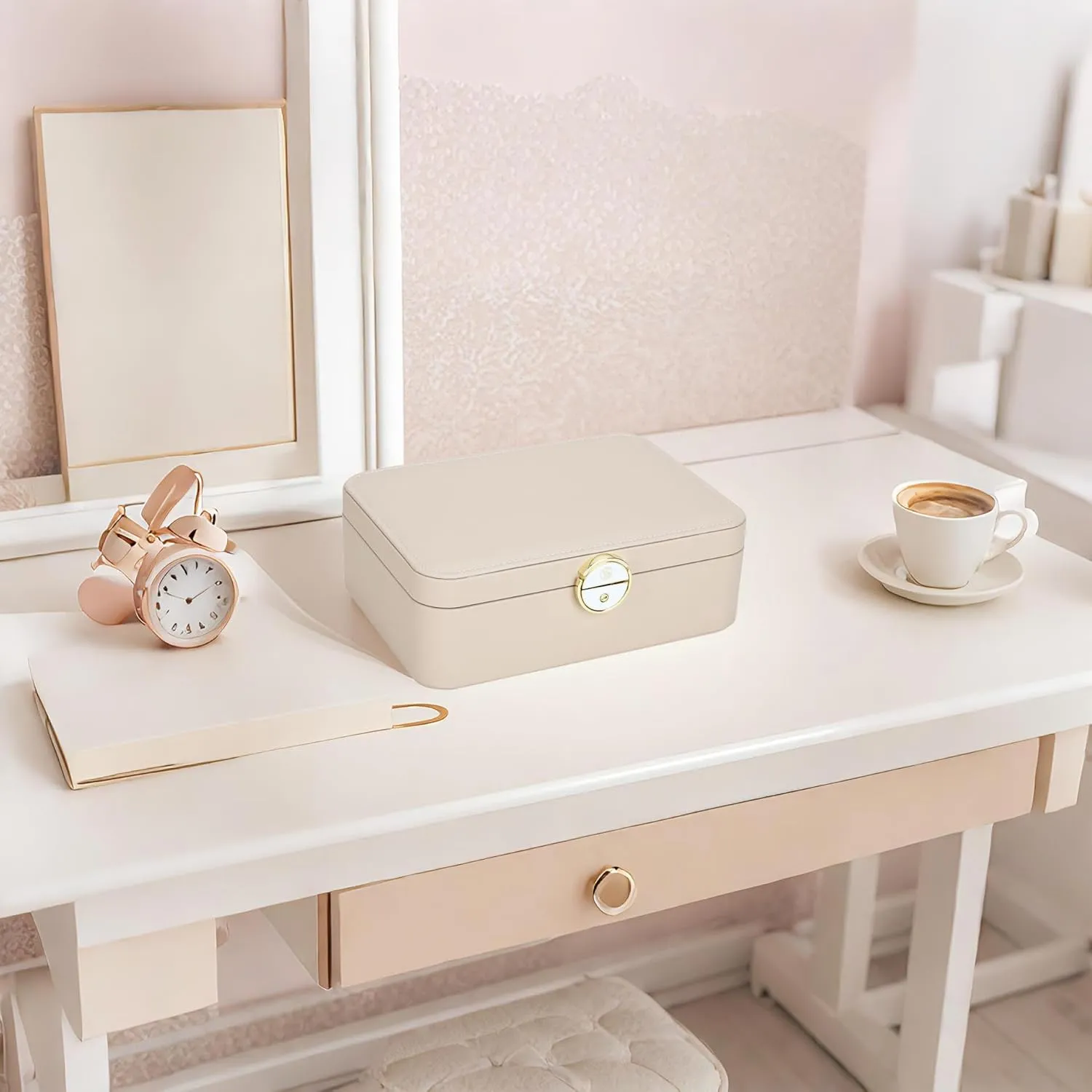 Lockable jewelry box, double-layer jewelry storage box,jewelry storage，Store large and small jewelry hair accessories, modern style. (Green and White)