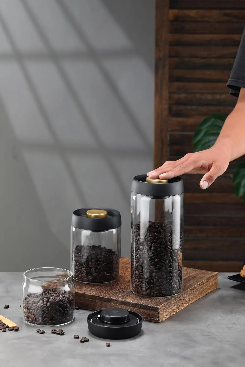 LOEZ Coffee Bean Storage Container Airtight, Lid Sealed with Press-Down Vacuum, Borosilicate Glass Coffee Canister for Ground Coffee, Tea, Beans, Spices (2 x Small - Gray)