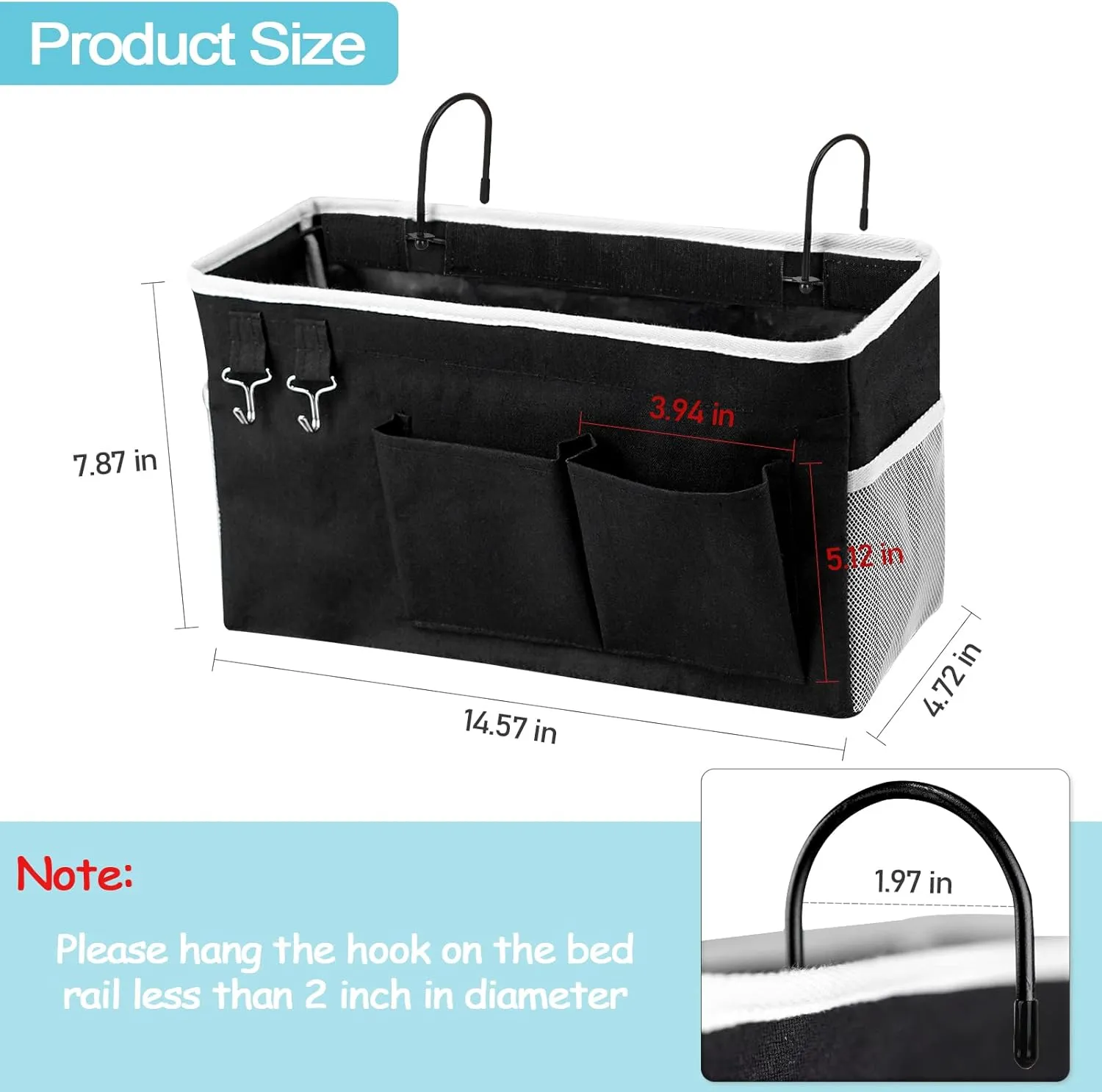 Loghot Bedside Caddy/Bedside Storage Bag Hanging Organizer for Bunk and Hospital Beds,Dorm Rooms Bed Rails,Can be Placed Glasses,Books,Mobile Phones,Keys (Black)