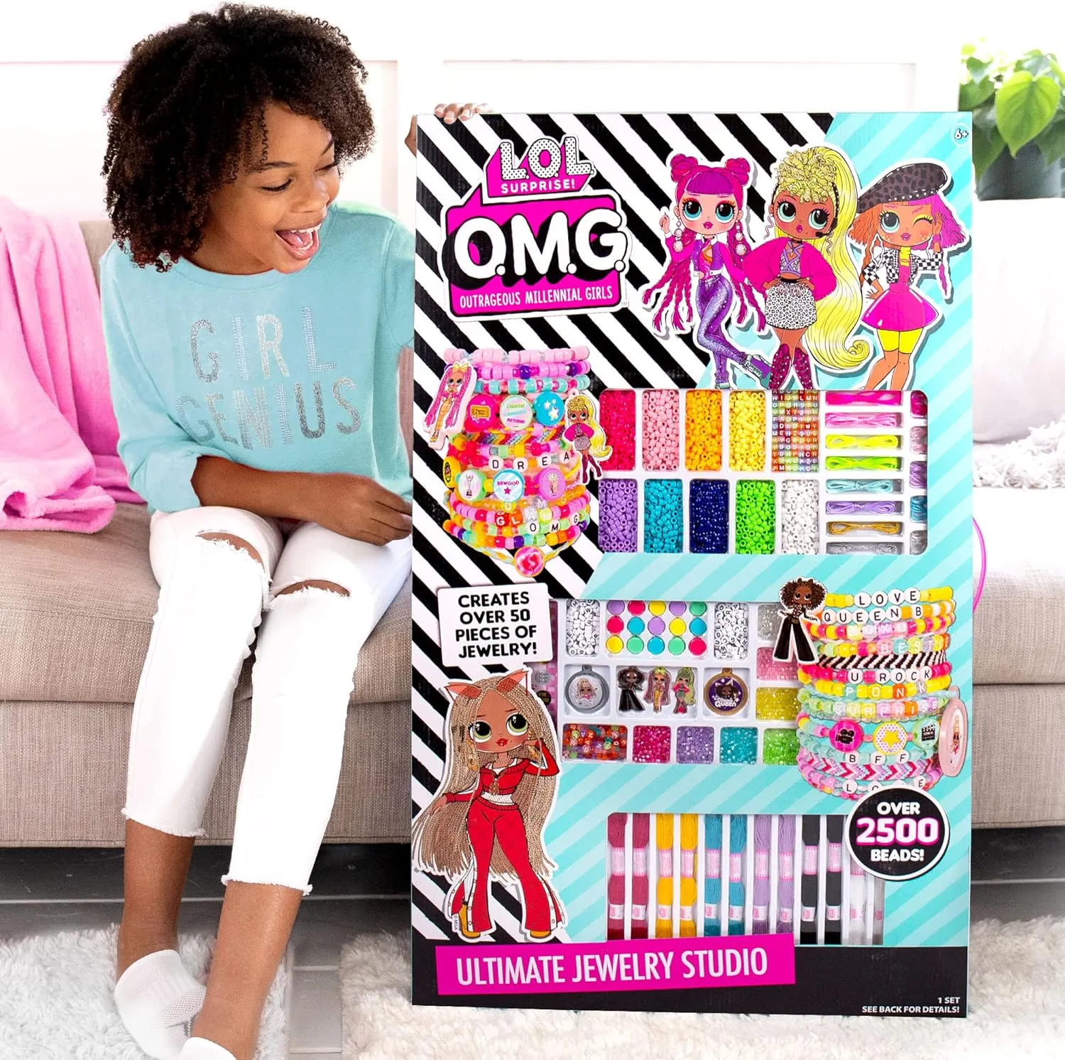 L.O.L. Surprise! O.M.G. Double Feature Ultimate Jewelry Studio, Over 2500 Beads, Create 50  Pieces of Jewelry Doll Charms, Alphabet Beads & Stickers, Bead Kit for Kids Ages 6, 7, 8, 9