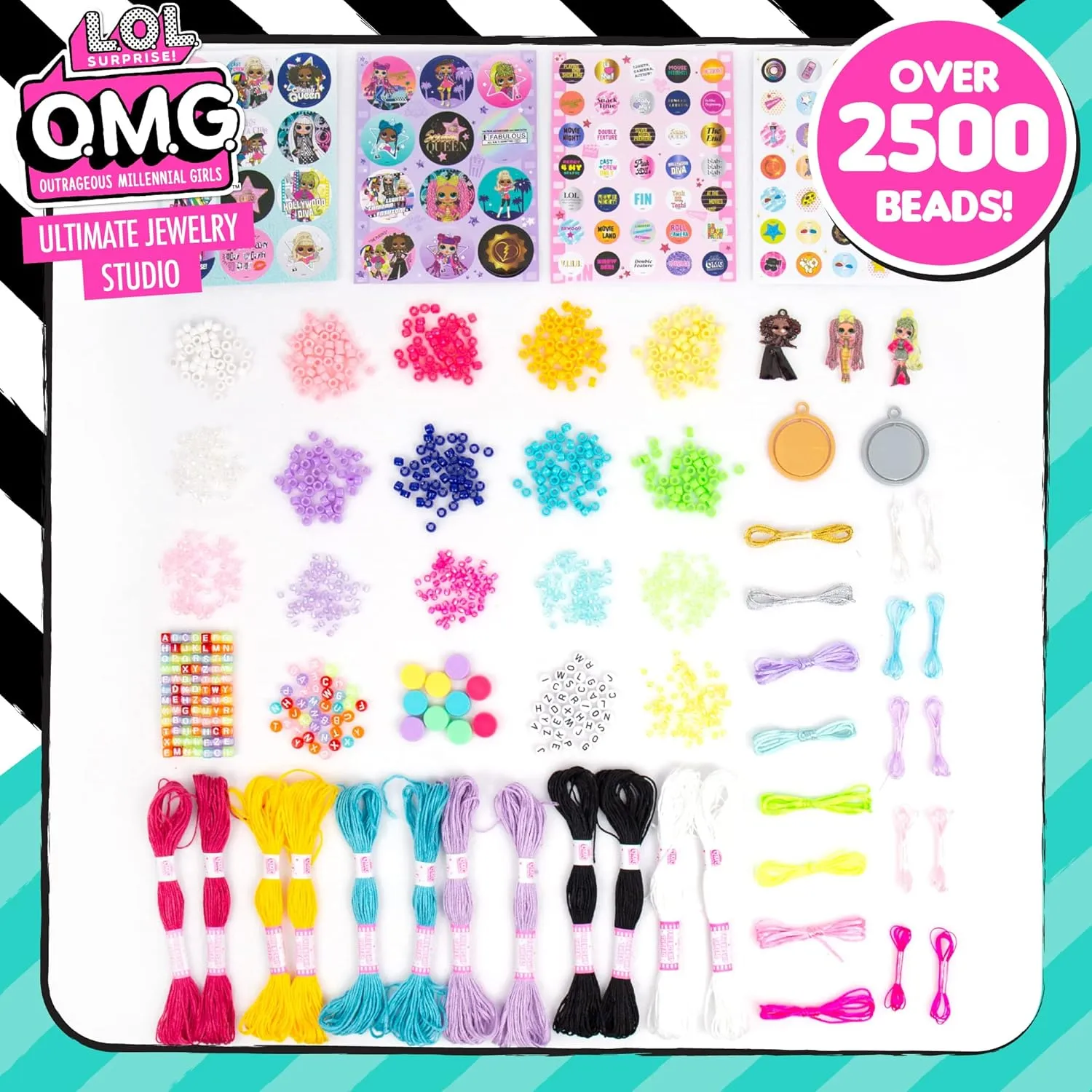L.O.L. Surprise! O.M.G. Double Feature Ultimate Jewelry Studio, Over 2500 Beads, Create 50  Pieces of Jewelry Doll Charms, Alphabet Beads & Stickers, Bead Kit for Kids Ages 6, 7, 8, 9