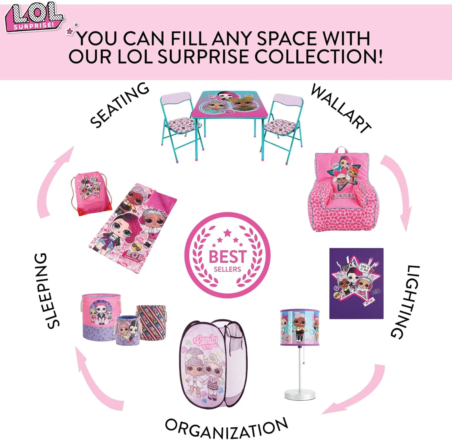 LOL Surprise Pop Up Hamper, Pink with Durable Carry Handles, 21"H x 13.5"W X 13.5"L