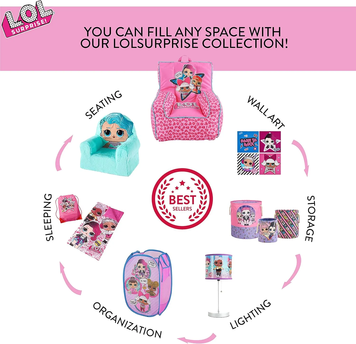 LOL Surprise Pop Up Hamper, Pink with Durable Carry Handles, 21"H x 13.5"W X 13.5"L