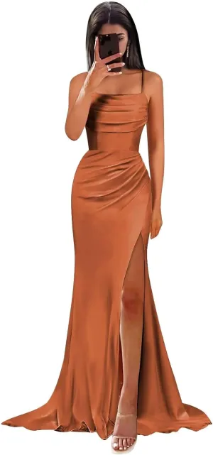 Long Satin Bridesmaid Dresses for Women Elegant Pleated Mermaid Formal Evening Gown with Slit