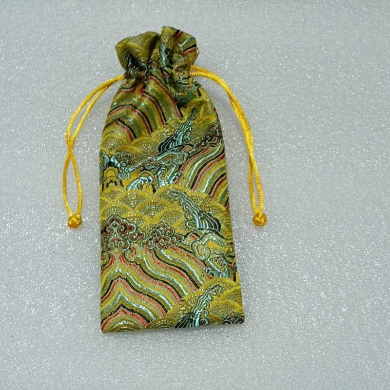 Long Silk Pouches Wholesale Jewelry Drawstring Bags Seawater Chinese Brocade Bags with lined Satin Cloth Gift Pouches size 3.15 x 7.87 inch (gold (10 pcs))