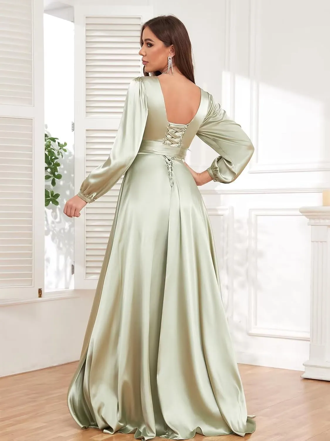 Long Sleeve Bridesmaid Dresses for Women 2025 V Neck Satin Formal Evening Gown with Slit