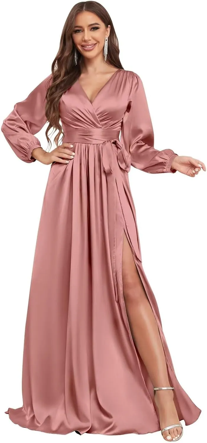 Long Sleeve Bridesmaid Dresses for Women 2025 V Neck Satin Formal Evening Gown with Slit
