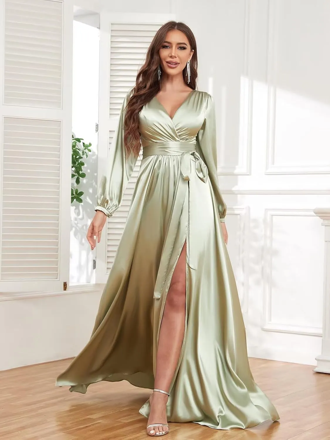 Long Sleeve Bridesmaid Dresses for Women 2025 V Neck Satin Formal Evening Gown with Slit