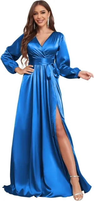 Long Sleeve Bridesmaid Dresses for Women 2025 V Neck Satin Formal Evening Gown with Slit