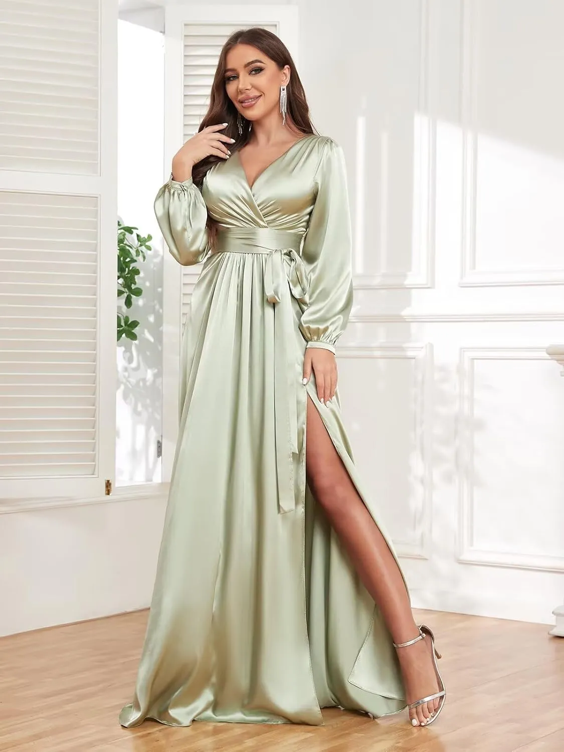 Long Sleeve Bridesmaid Dresses for Women 2025 V Neck Satin Formal Evening Gown with Slit