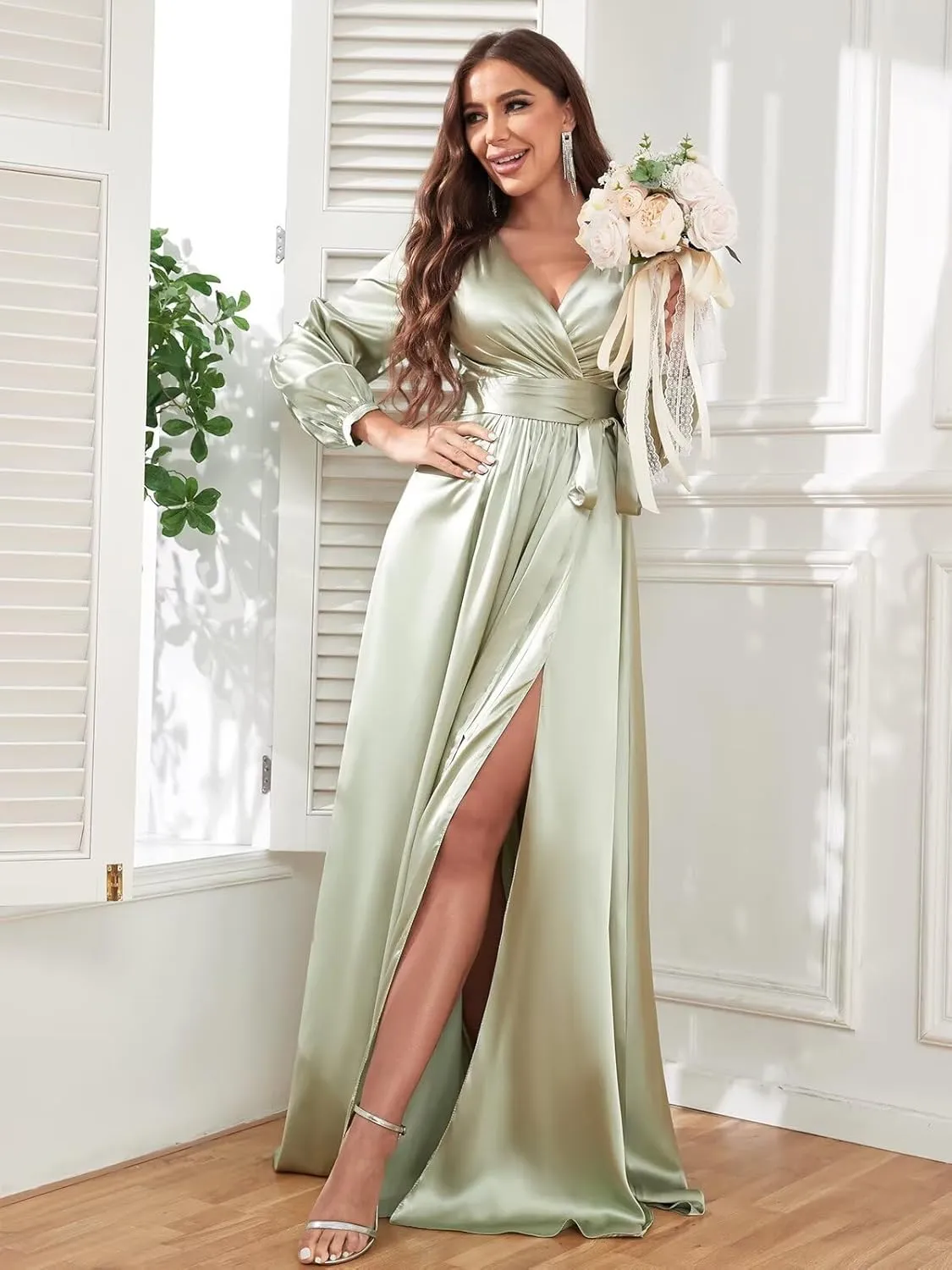 Long Sleeve Bridesmaid Dresses for Women 2025 V Neck Satin Formal Evening Gown with Slit