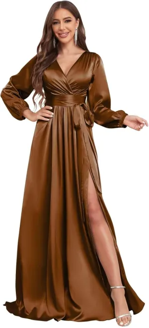 Long Sleeve Bridesmaid Dresses for Women 2025 V Neck Satin Formal Evening Gown with Slit