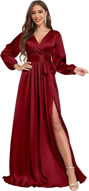 Long Sleeve Bridesmaid Dresses for Women 2025 V Neck Satin Formal Evening Gown with Slit