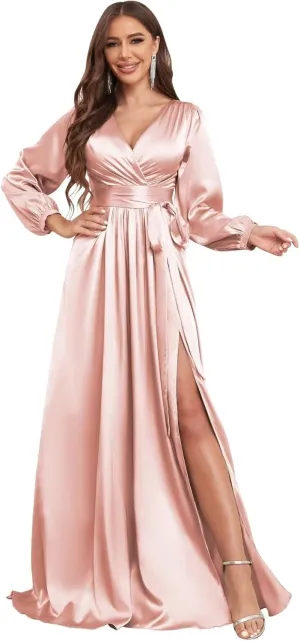 Long Sleeve Bridesmaid Dresses for Women 2025 V Neck Satin Formal Evening Gown with Slit