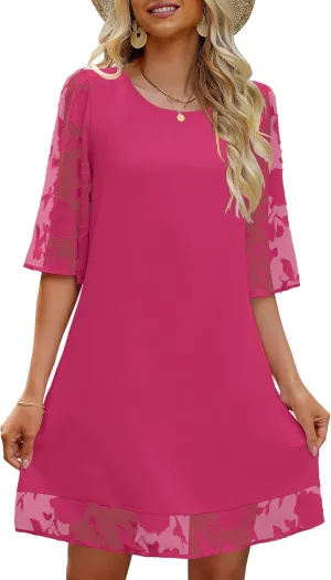 LookbookStore 3/4 Sleeve Dress for Women Shift Cute Summer Tunic Floral Lace Dresses