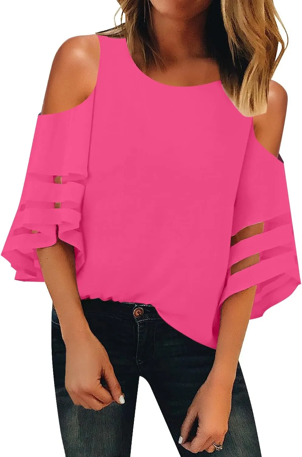 LookbookStore Women's Cold Shoulder Loose Shirt Tops 3/4 Bell Mesh Sleeve Blouse