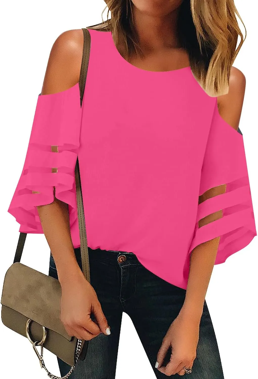 LookbookStore Women's Cold Shoulder Loose Shirt Tops 3/4 Bell Mesh Sleeve Blouse