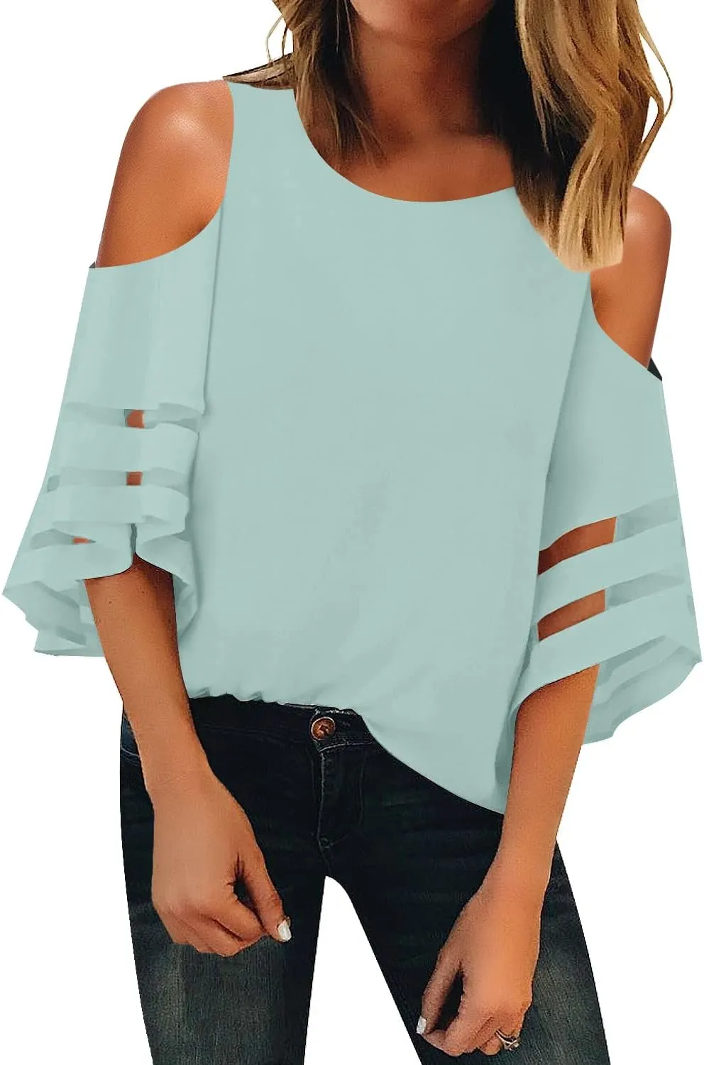 LookbookStore Women's Cold Shoulder Loose Shirt Tops 3/4 Bell Mesh Sleeve Blouse