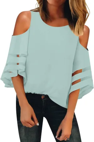 LookbookStore Women's Cold Shoulder Loose Shirt Tops 3/4 Bell Mesh Sleeve Blouse