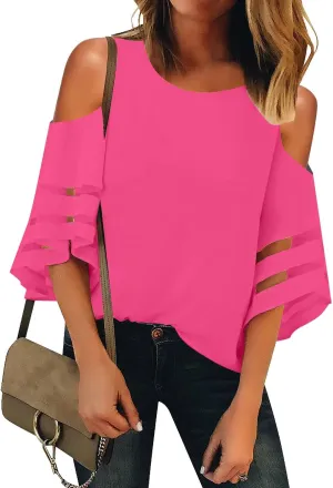 LookbookStore Women's Cold Shoulder Loose Shirt Tops 3/4 Bell Mesh Sleeve Blouse