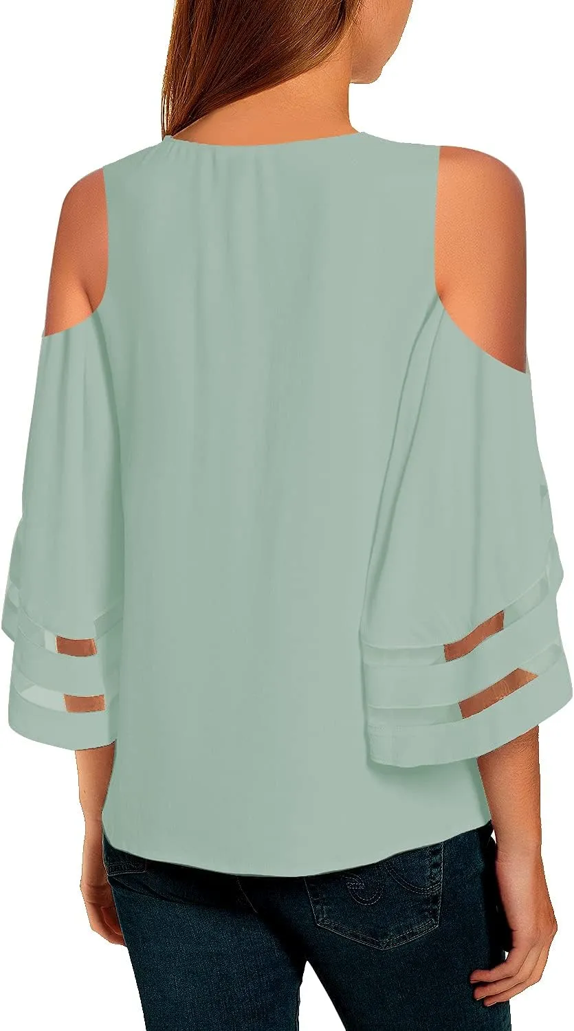 LookbookStore Women's Cold Shoulder Loose Shirt Tops 3/4 Bell Mesh Sleeve Blouse