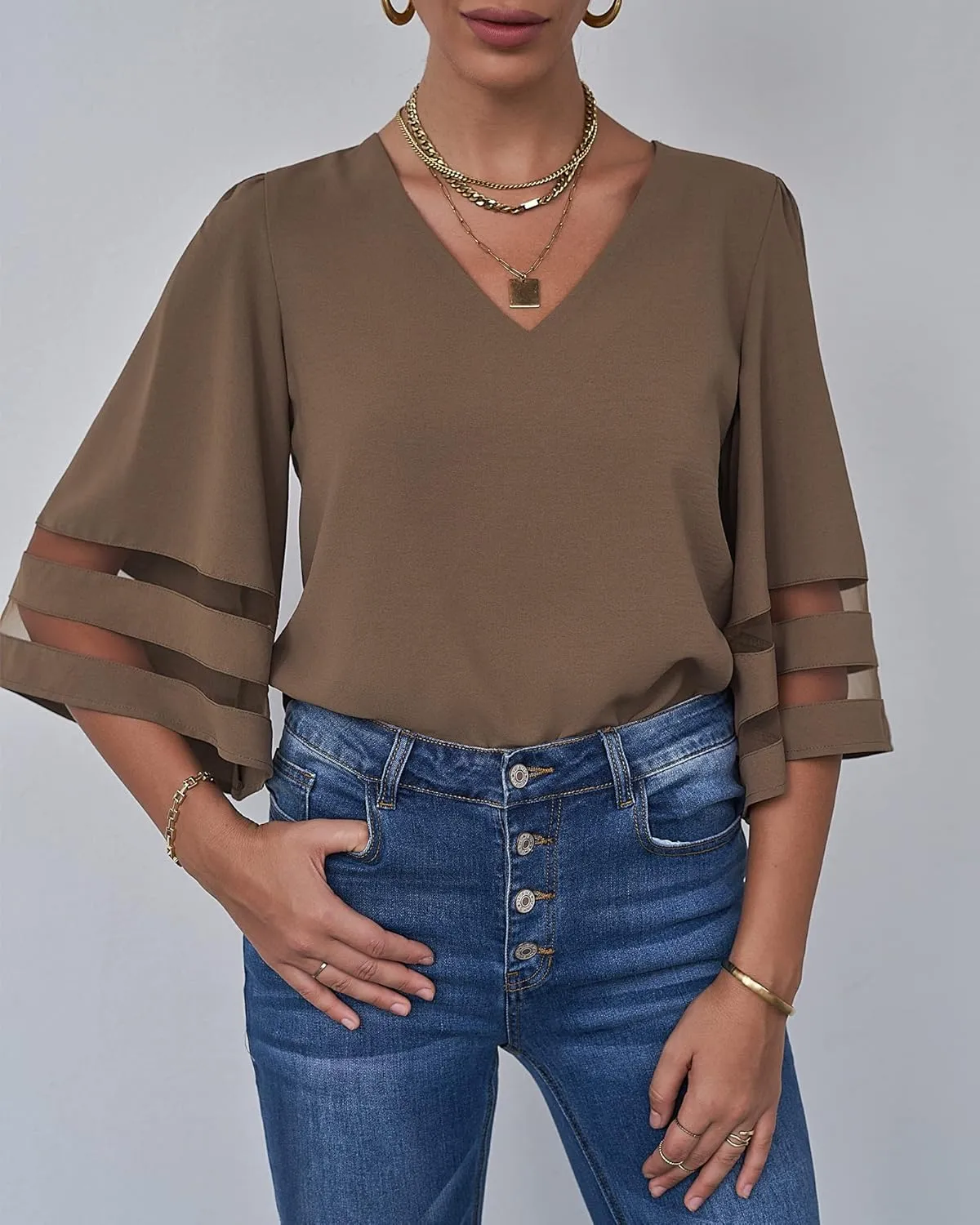 LookbookStore Women's V Neck Mesh Panel Blouse 3/4 Bell Sleeve Loose Top Shirt
