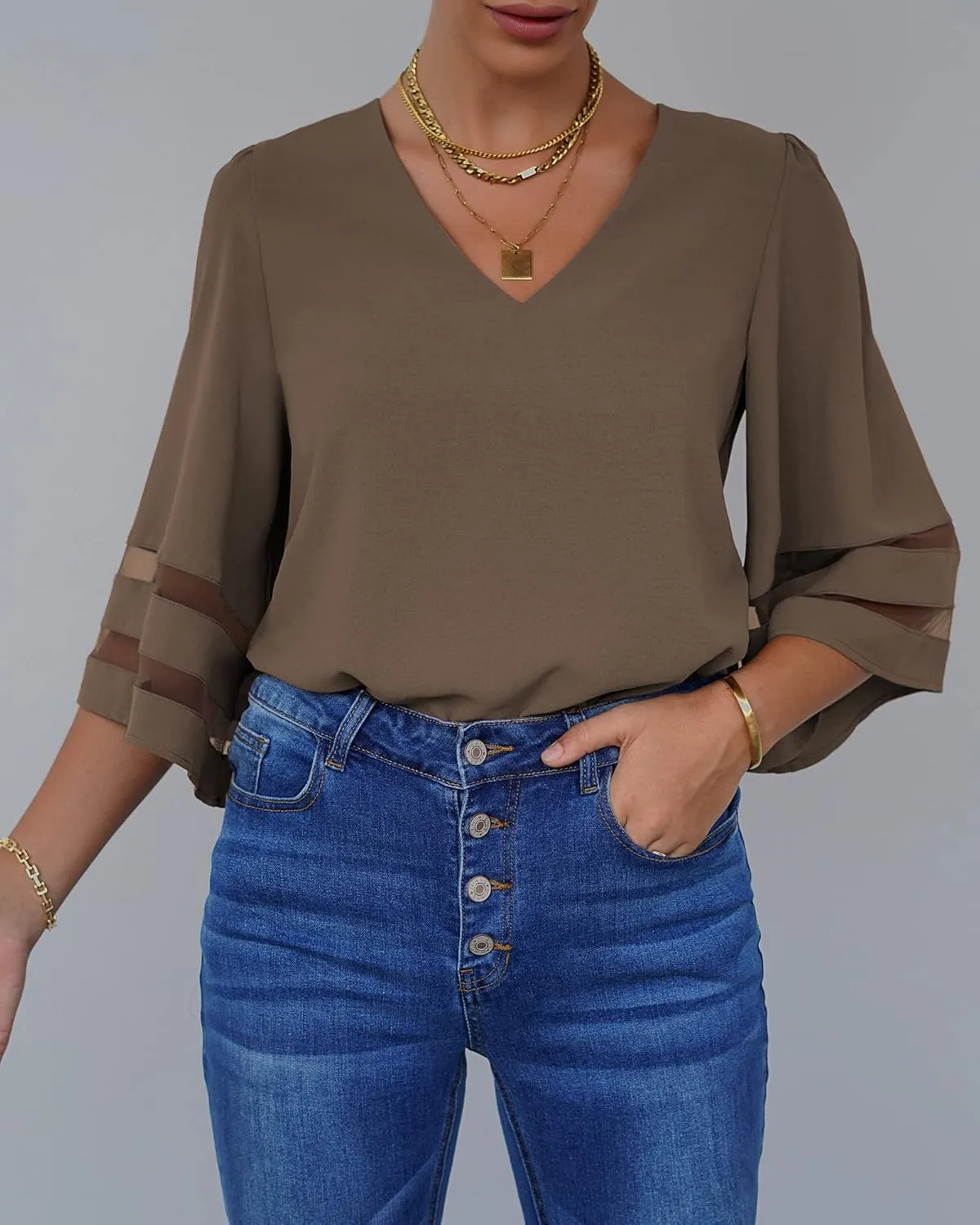 LookbookStore Women's V Neck Mesh Panel Blouse 3/4 Bell Sleeve Loose Top Shirt