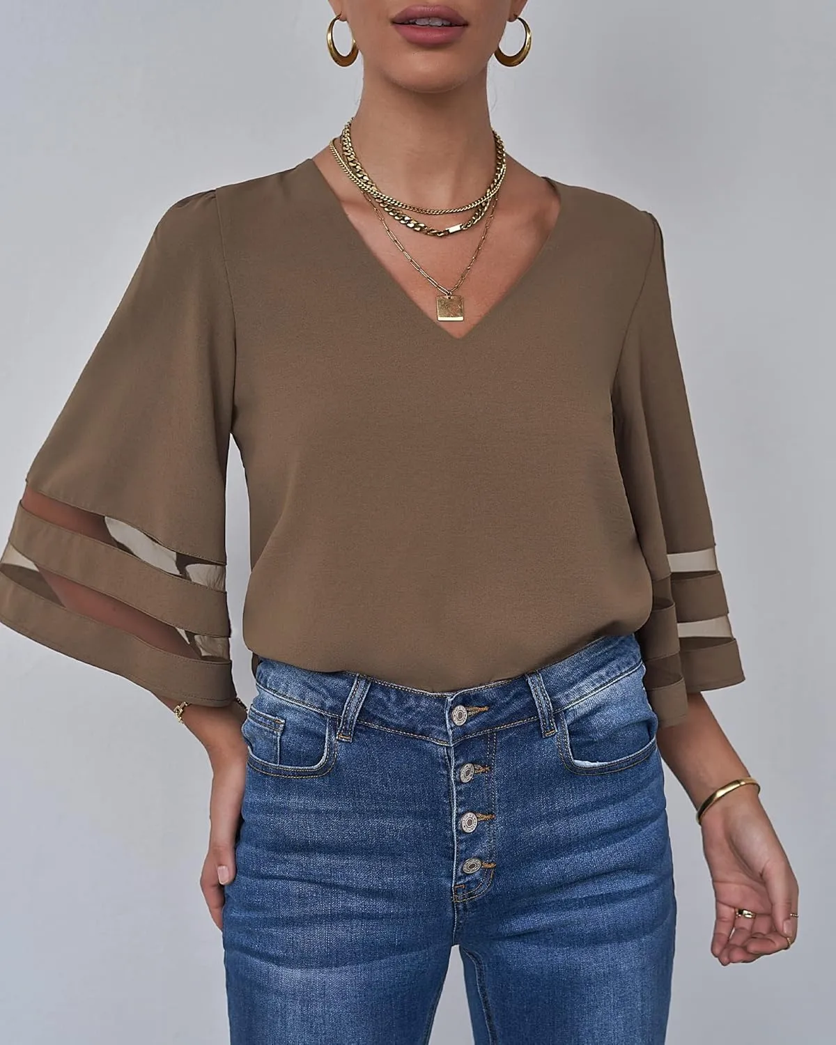 LookbookStore Women's V Neck Mesh Panel Blouse 3/4 Bell Sleeve Loose Top Shirt
