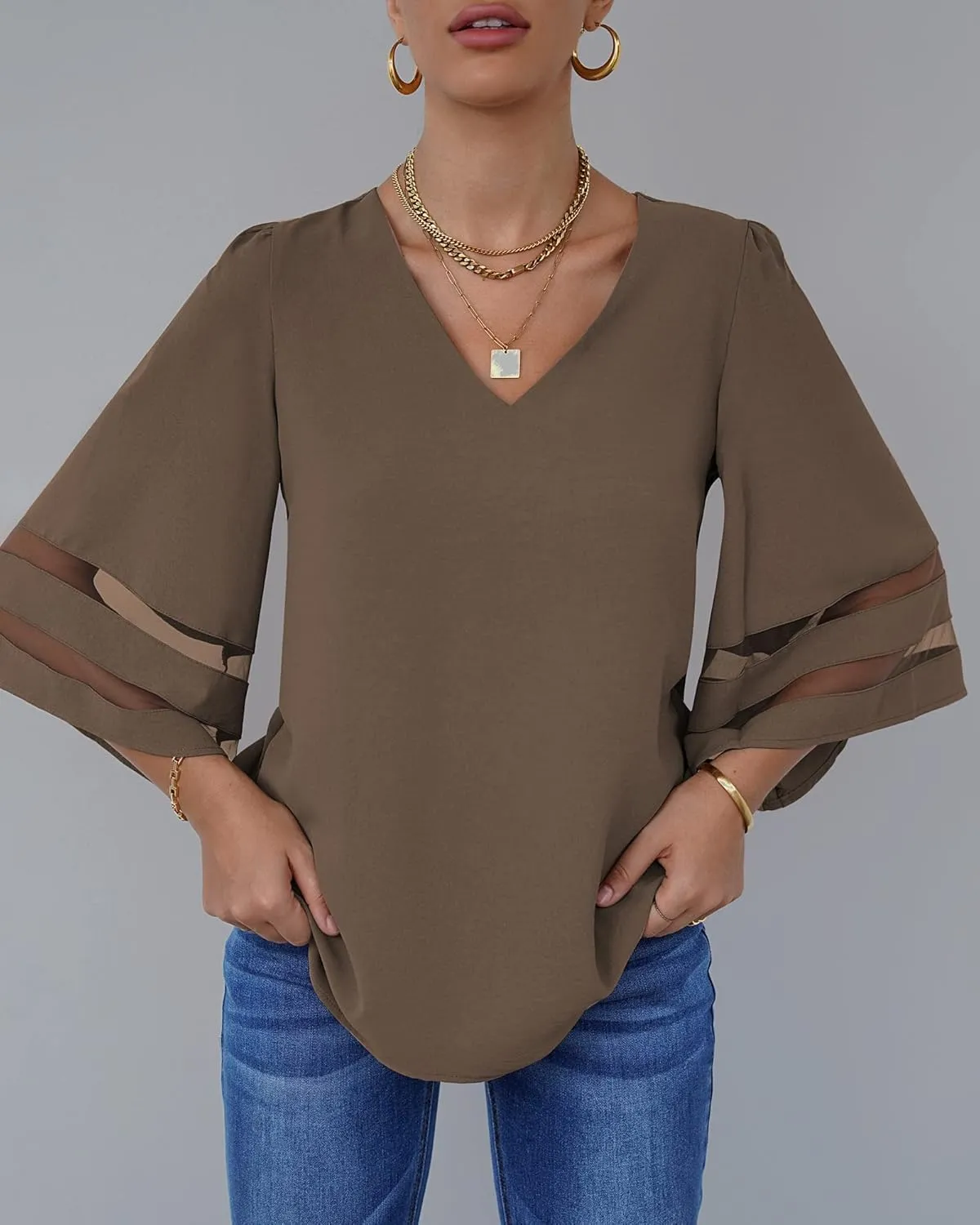 LookbookStore Women's V Neck Mesh Panel Blouse 3/4 Bell Sleeve Loose Top Shirt