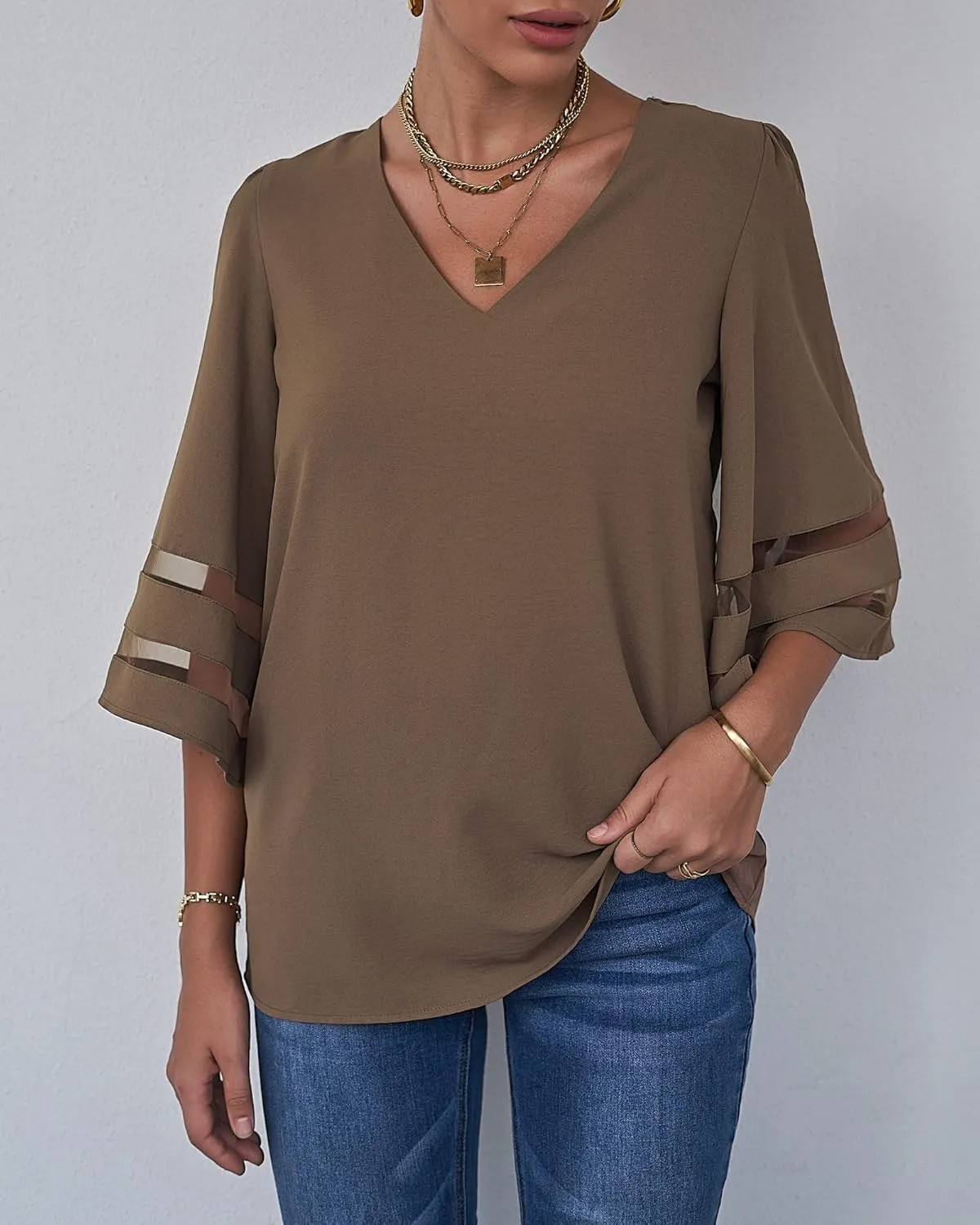 LookbookStore Women's V Neck Mesh Panel Blouse 3/4 Bell Sleeve Loose Top Shirt