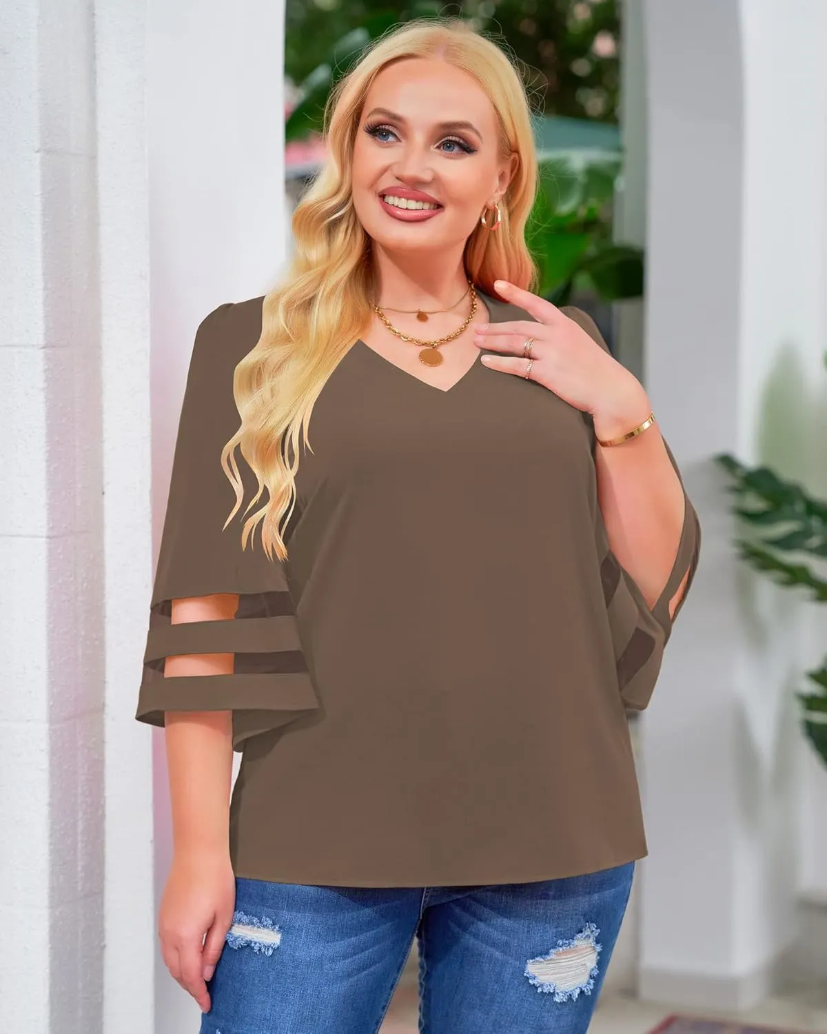 LookbookStore Women's V Neck Mesh Panel Blouse 3/4 Bell Sleeve Loose Top Shirt