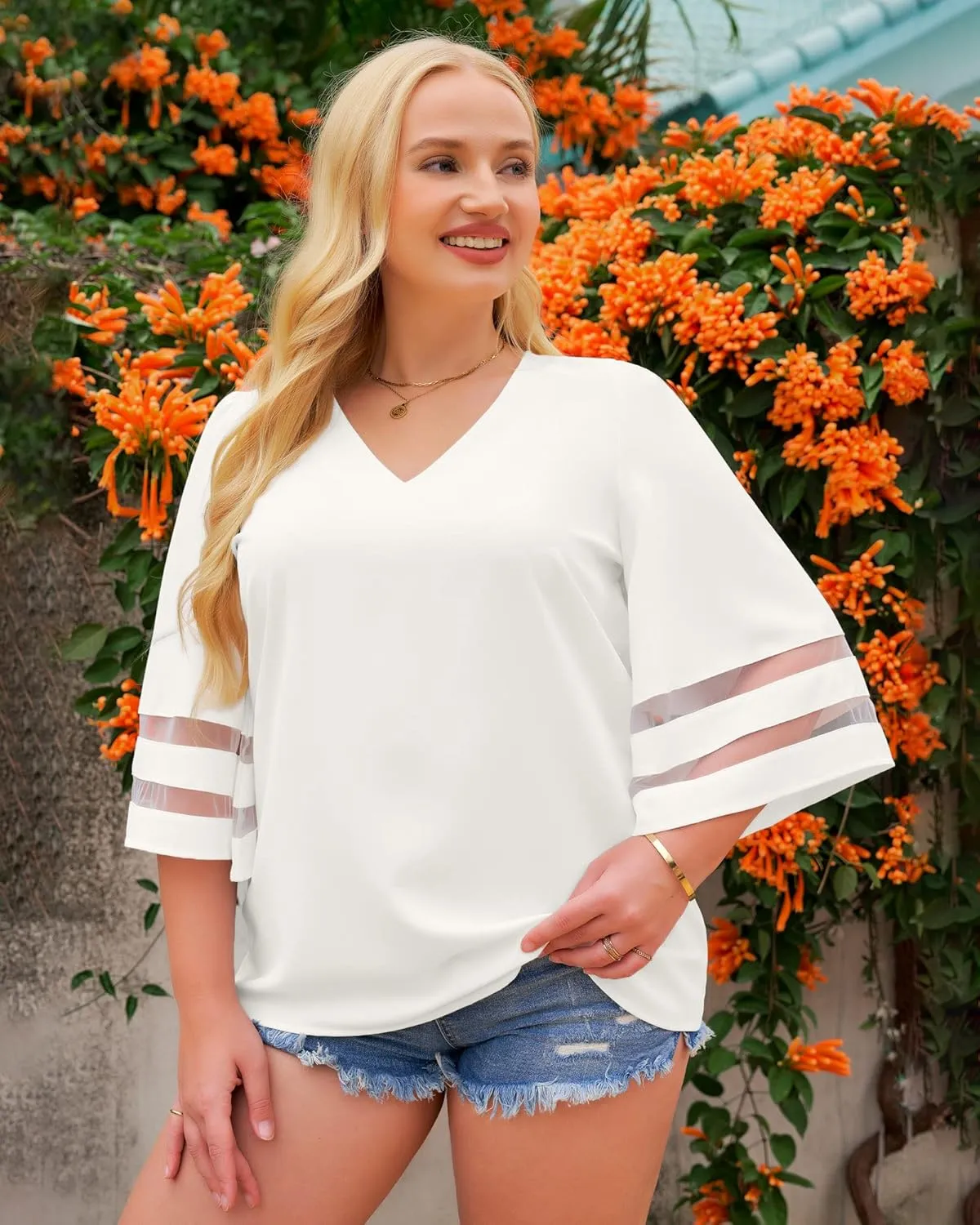 LookbookStore Women's V Neck Mesh Panel Blouse 3/4 Bell Sleeve Loose Top Shirt
