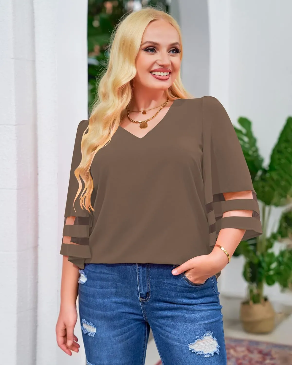 LookbookStore Women's V Neck Mesh Panel Blouse 3/4 Bell Sleeve Loose Top Shirt