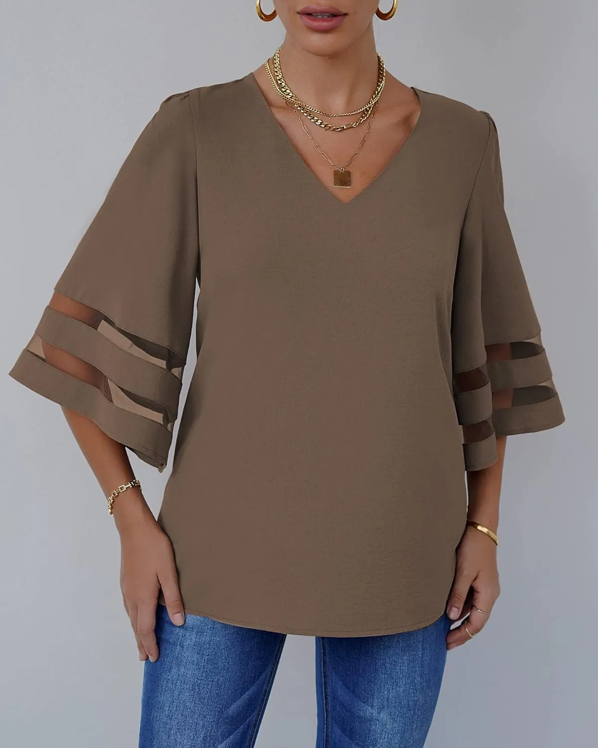 LookbookStore Women's V Neck Mesh Panel Blouse 3/4 Bell Sleeve Loose Top Shirt
