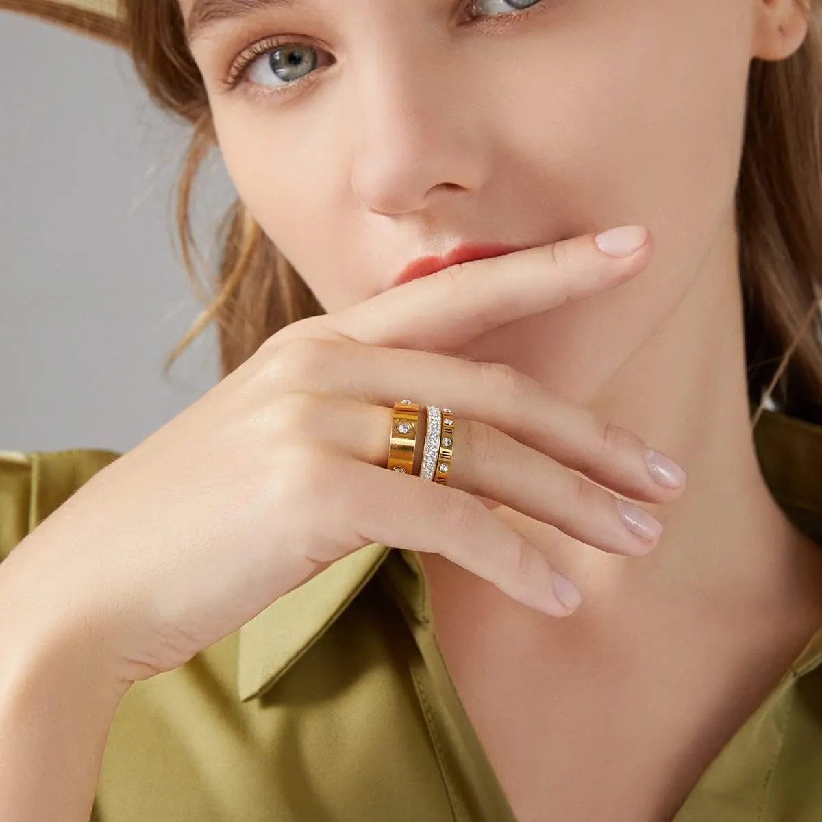 Love Friendship Gold Rings Set for Women 18K Gold Plated Titanium Steel Dainty Cubic Zirconia Rings Fashion Stacking Bands Valentines Day Mother's Day Christmas Day Best Gifts