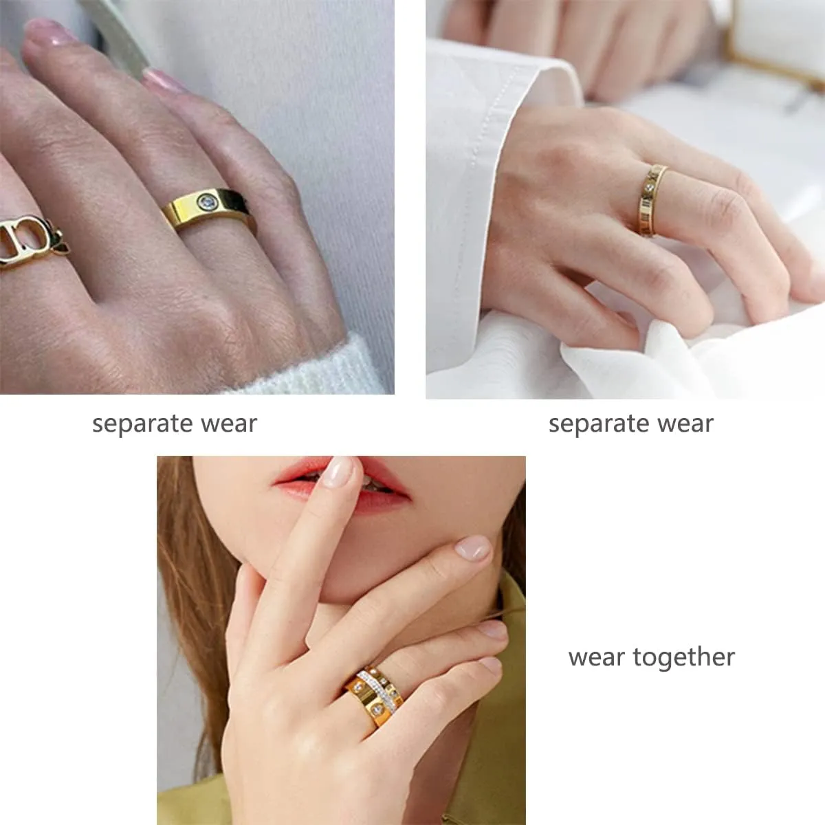 Love Friendship Gold Rings Set for Women 18K Gold Plated Titanium Steel Dainty Cubic Zirconia Rings Fashion Stacking Bands Valentines Day Mother's Day Christmas Day Best Gifts