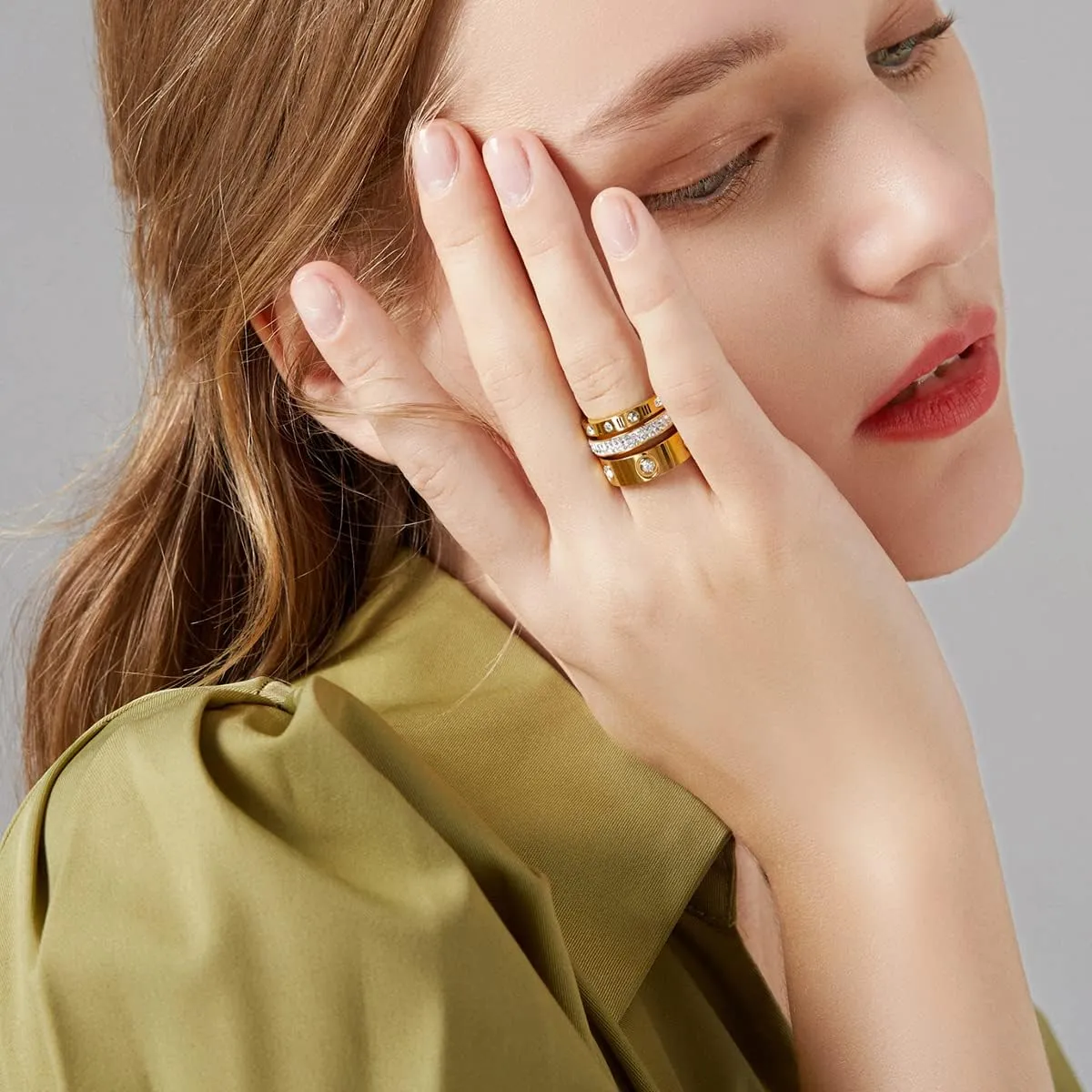 Love Friendship Gold Rings Set for Women 18K Gold Plated Titanium Steel Dainty Cubic Zirconia Rings Fashion Stacking Bands Valentines Day Mother's Day Christmas Day Best Gifts