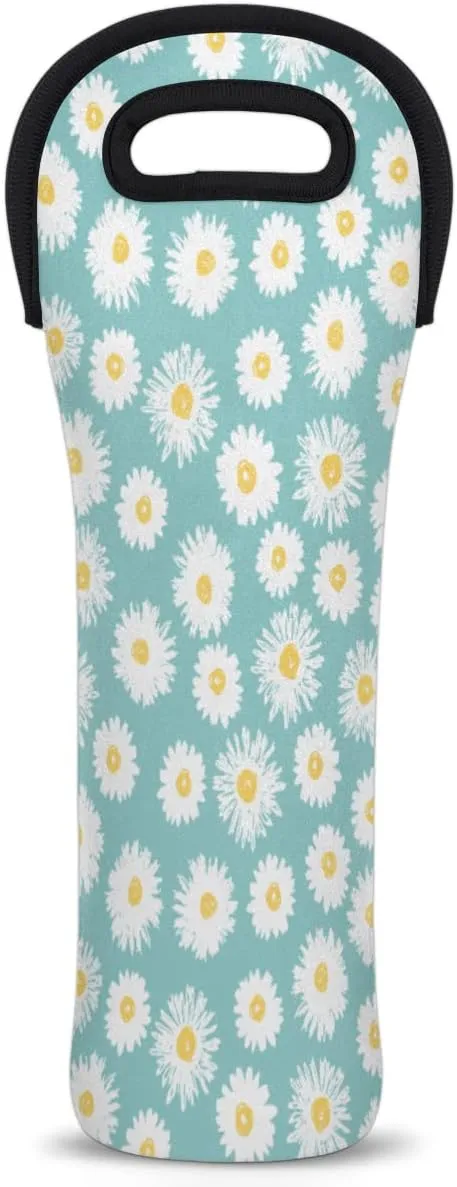 Lovely Daisies Wine Bag Neoprene Wine Tote Bags Leakproof Travel Wine Tote with Handle Reusable Cooler Bag for Picnic Travel Birthday Parties Barbecues Wine Lover Gift