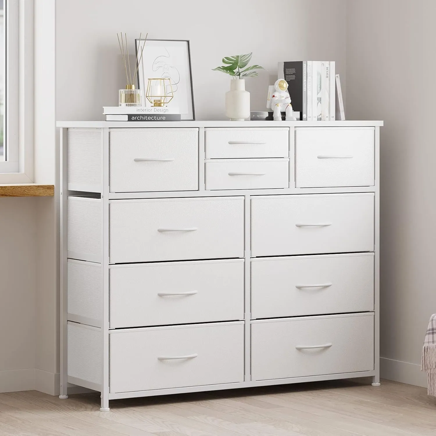 LUMTOK 10-Drawer Dresser, Fabric Storage Dressers Drawers for Bedroom, Hallway, Nursery, Closets, Steel Frame, Wood Top, Easy Pull Handle (White)