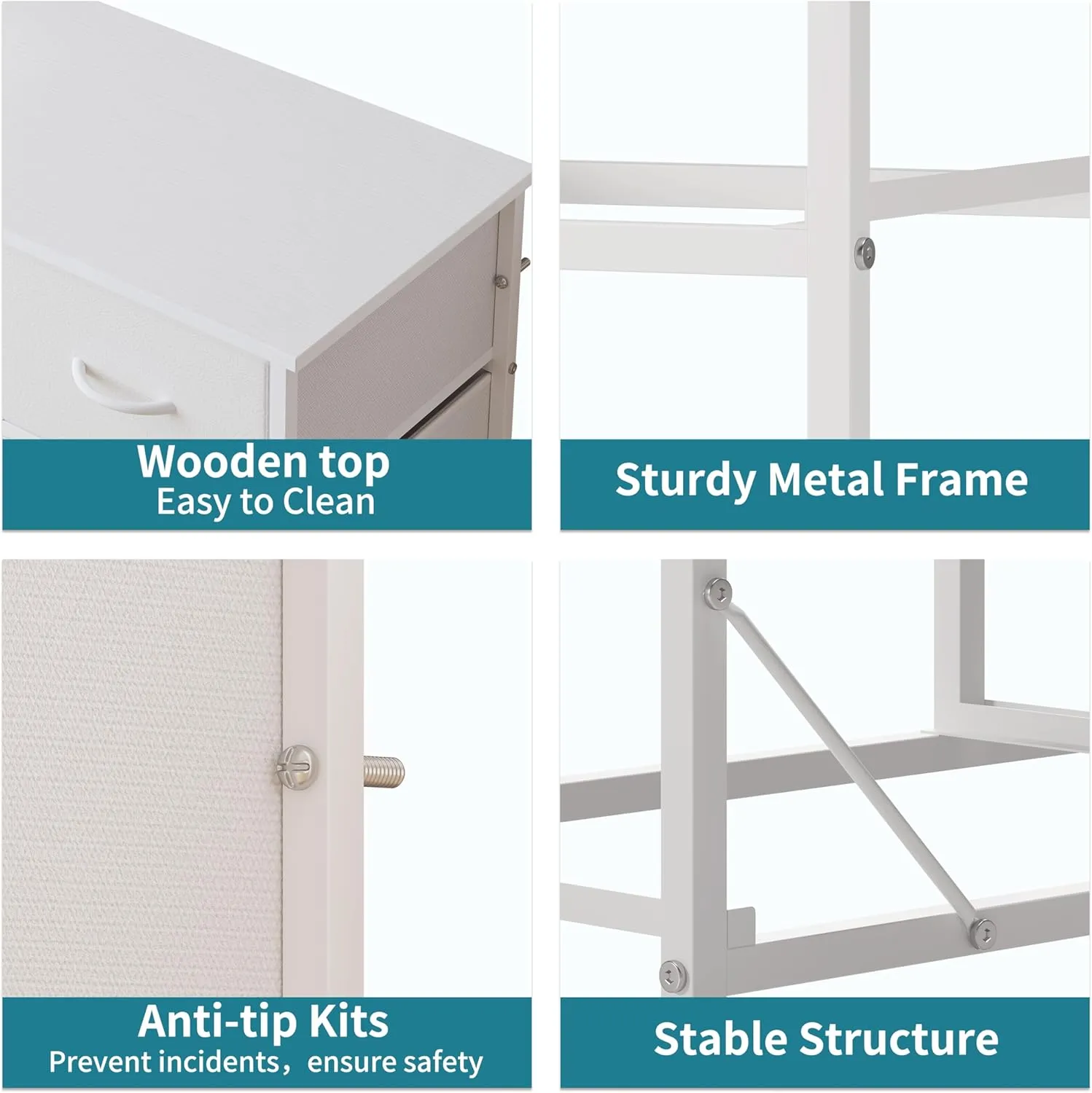 LUMTOK 10-Drawer Dresser, Fabric Storage Dressers Drawers for Bedroom, Hallway, Nursery, Closets, Steel Frame, Wood Top, Easy Pull Handle (White)