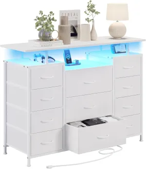 LUMTOK 11 Drawers Dresser with Fabric Drawers,Charging Station, LED Lights and Shelves for Bedroom Storage Organization