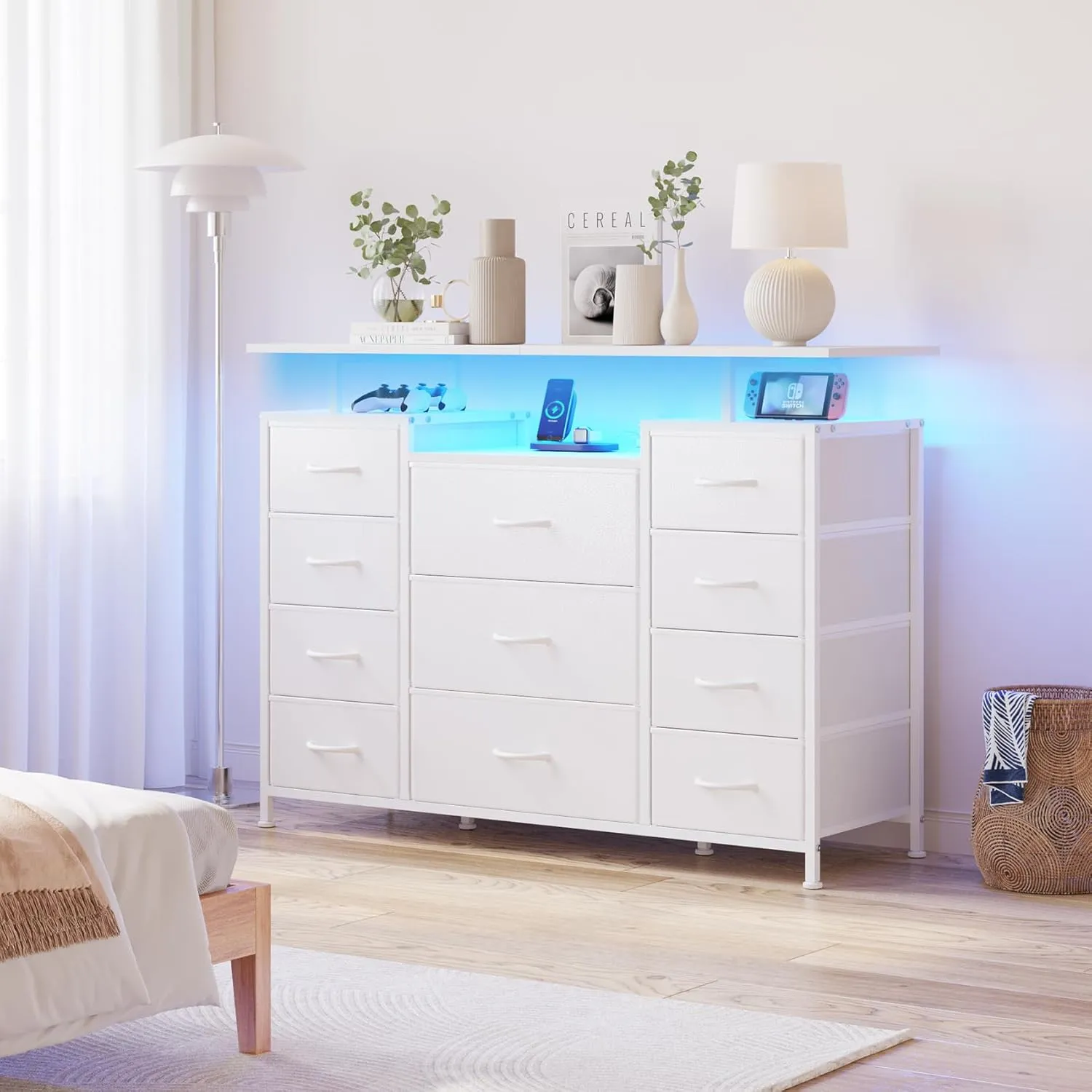 LUMTOK 11 Drawers Dresser with Fabric Drawers,Charging Station, LED Lights and Shelves for Bedroom Storage Organization