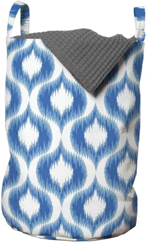 Lunarable Ikat Laundry Bag, Damask Inspired Ikat Style Pattern Vintage Mesh Design Motifs and Shapes Print, Hamper Basket with Handles Drawstring Closure for Laundromats, 13" x 19", Blue White